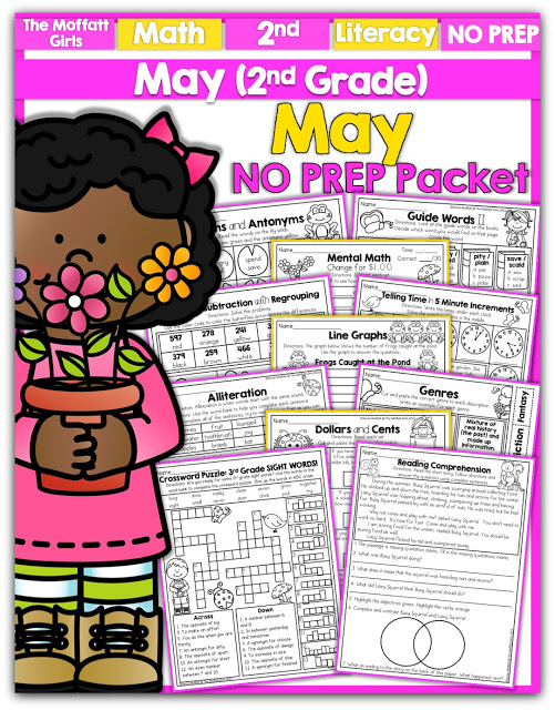 Teach basic math operations, sight words, phonics, grammar, handwriting and so much more with the May NO PREP Packet for Second Grade!
