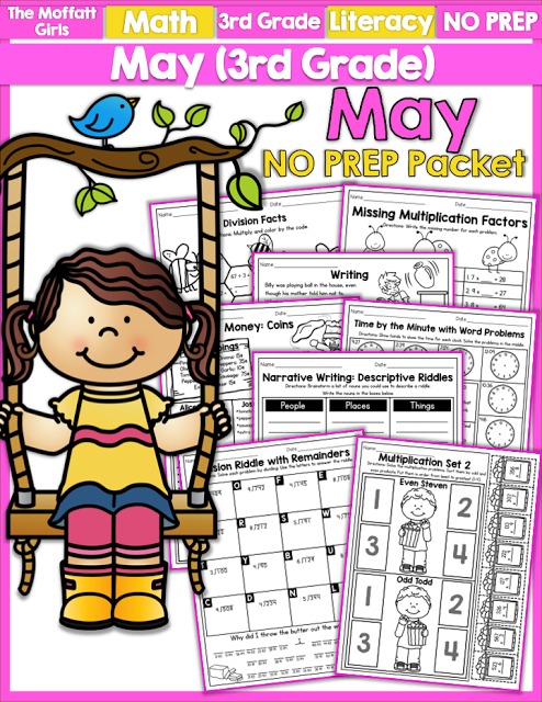 Teach multiplication, two and three-digit addition and subtraction, sight words, grammar, writing and so much more with the May NO PREP Packet for Third Grade!