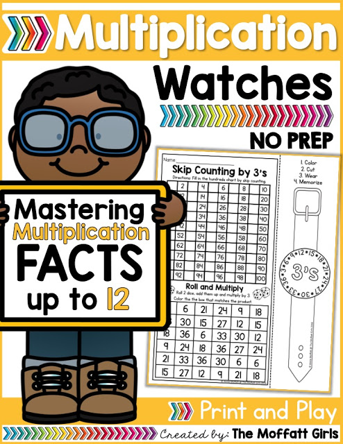 Why can't practicing multiplication facts be fun? Use these wearable Multiplication Watches to encourage your students to master multiplication facts. Plus, they come with 2 more fun activities- Skip Counting and a Roll and Multiply game!