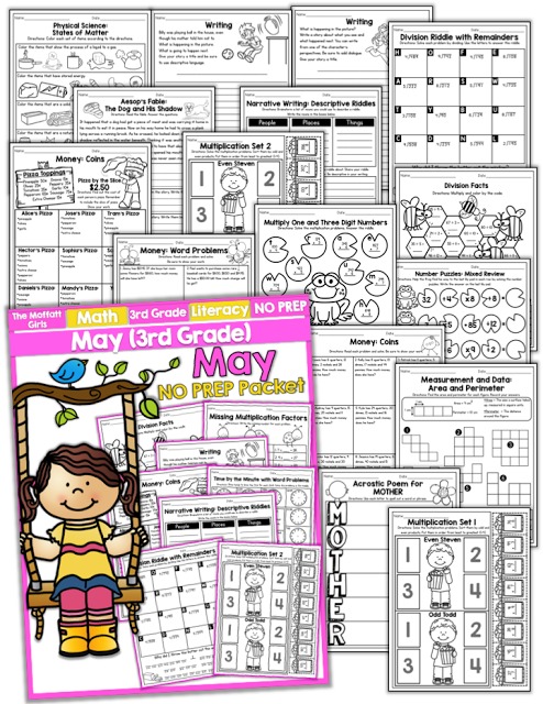Teach multiplication, two and three-digit addition and subtraction, sight words, grammar, writing and so much more with the May NO PREP Packet for Third Grade!