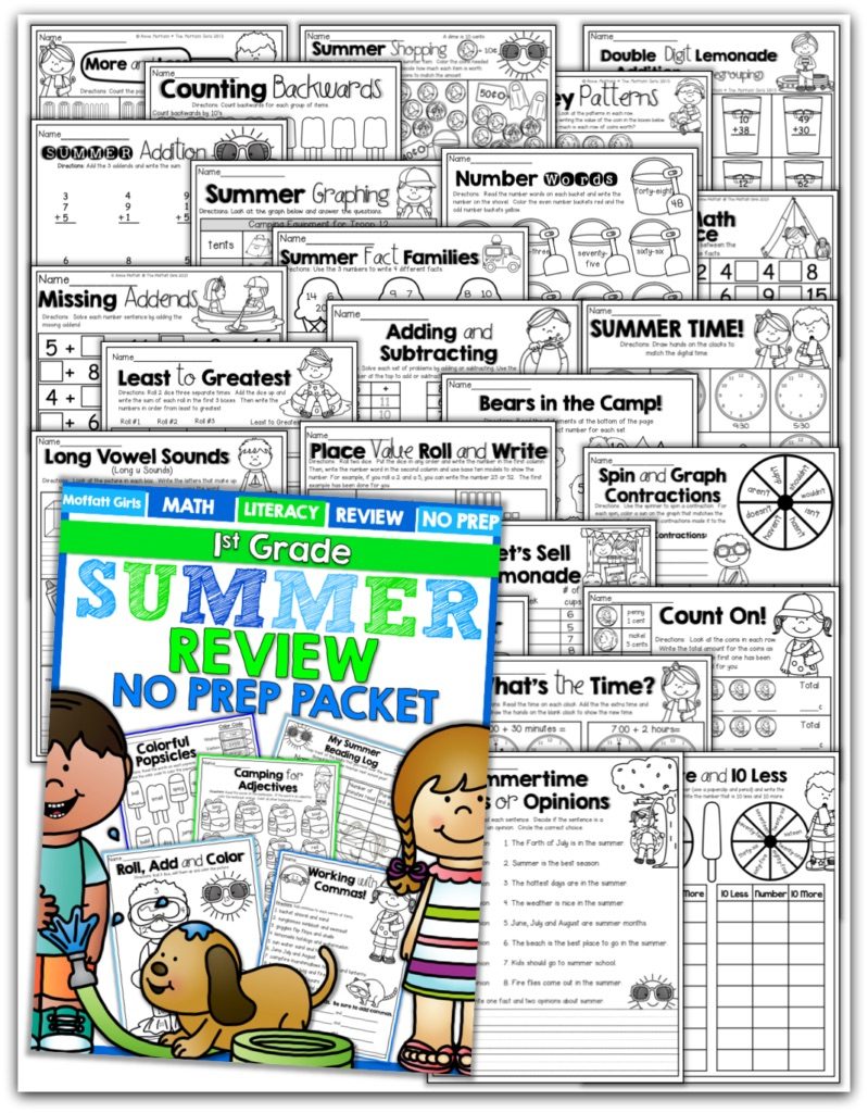 Teach addition, subtraction, sight words, phonics, grammar, handwriting and so much more with the Summer Review NO PREP Packet for First Grade!