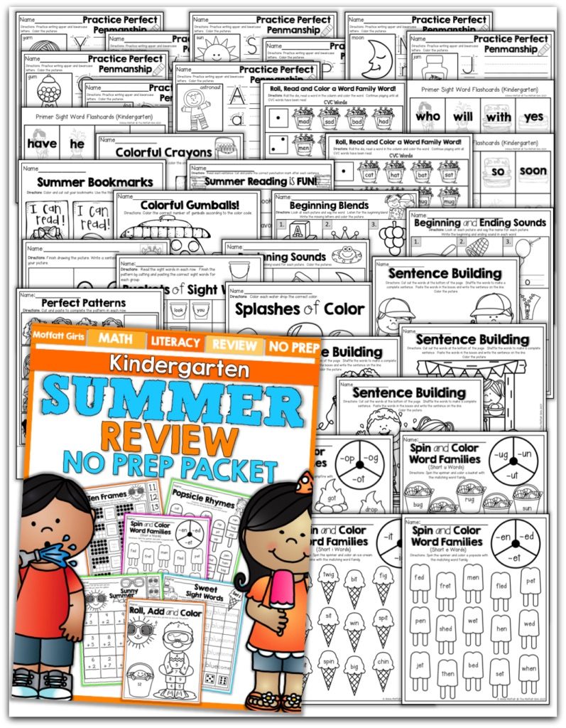 Teach basic addition, subtraction, sight words, phonics, letters, handwriting and so much more with the Summer Review NO PREP Packet for Kindergarten!
