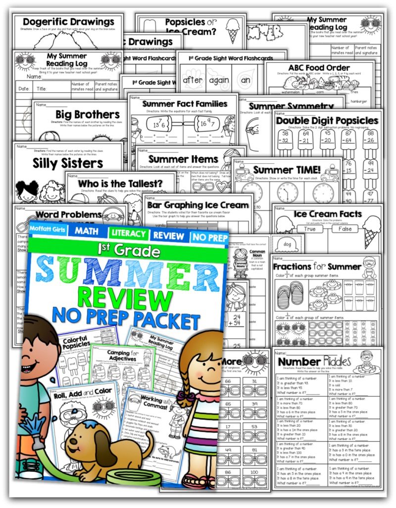 Teach addition, subtraction, sight words, phonics, grammar, handwriting and so much more with the Summer Review NO PREP Packet for First Grade!