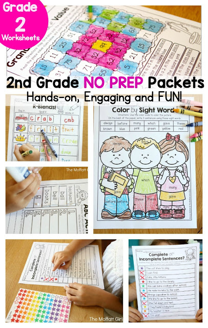 Teach basic math operations, sight words, phonics, grammar, handwriting and so much more with the September NO PREP Packet for Second Grade!