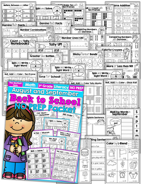 Teach addition, subtraction, sight words, phonics, grammar, handwriting and so much more with the August and September NO PREP Packet for First Grade!