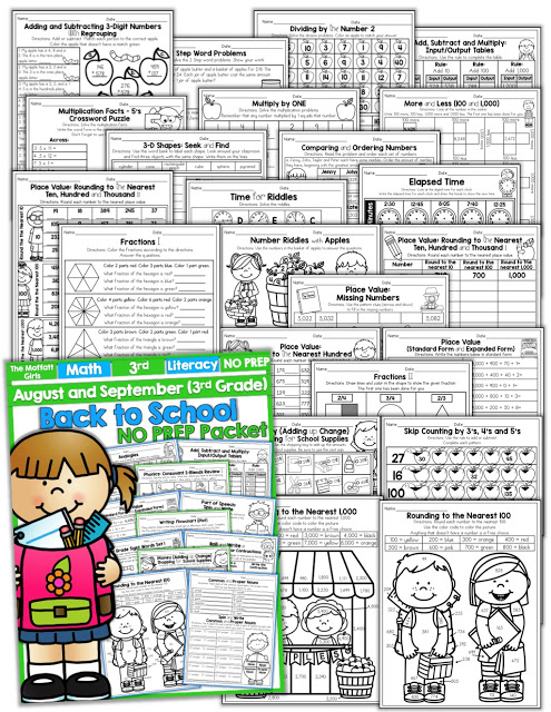 Teach multiplication, two and three-digit addition and subtraction, sight words, grammar, writing and so much more with the August and September NO PREP Packet for Third Grade!