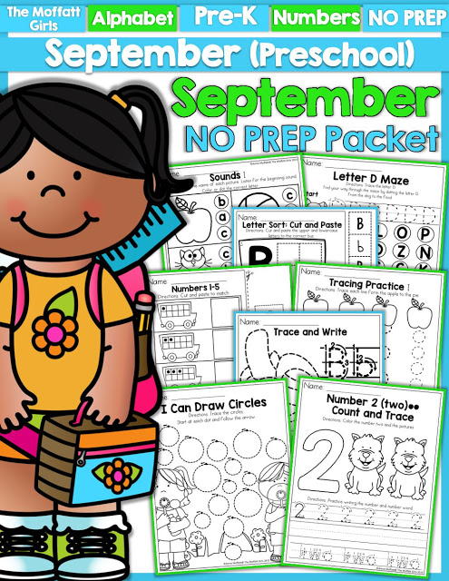 Teach number concepts, colors, shapes, letters, phonics and so much more with the September NO PREP Packet for Preschool!