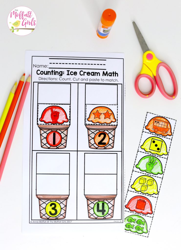 Counting: Ice Cream Math- Match the scoops with the correct number. Fun math practice for Kindergarten.