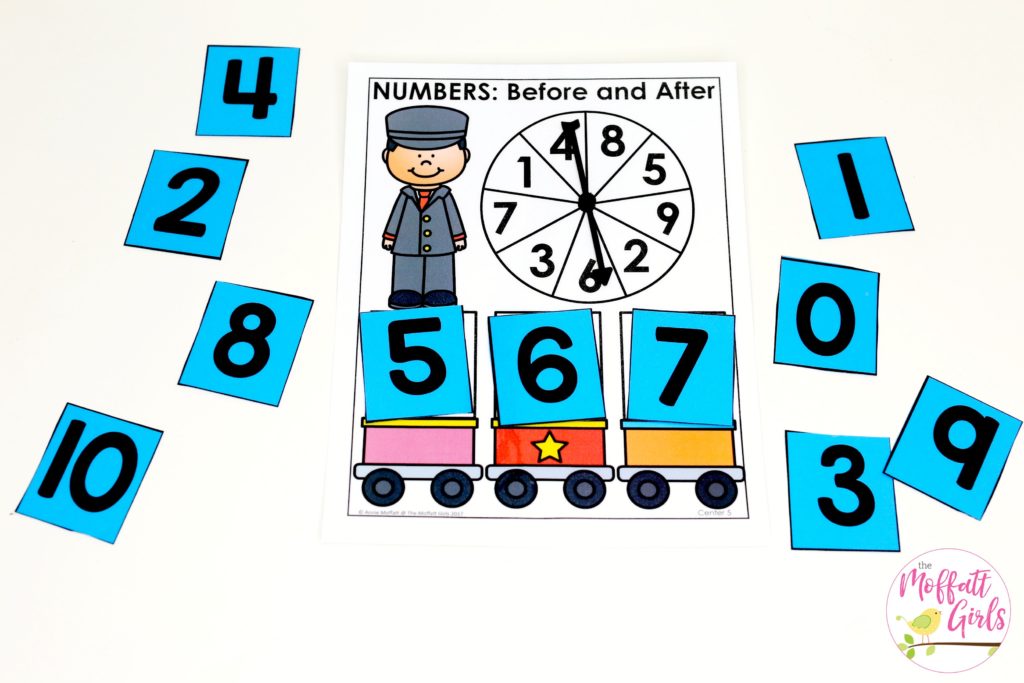 Numbers: Before and After- Spin the spinner and choose which numbers come before and after the number that you spun. Such a fun math game for Kindergarten!