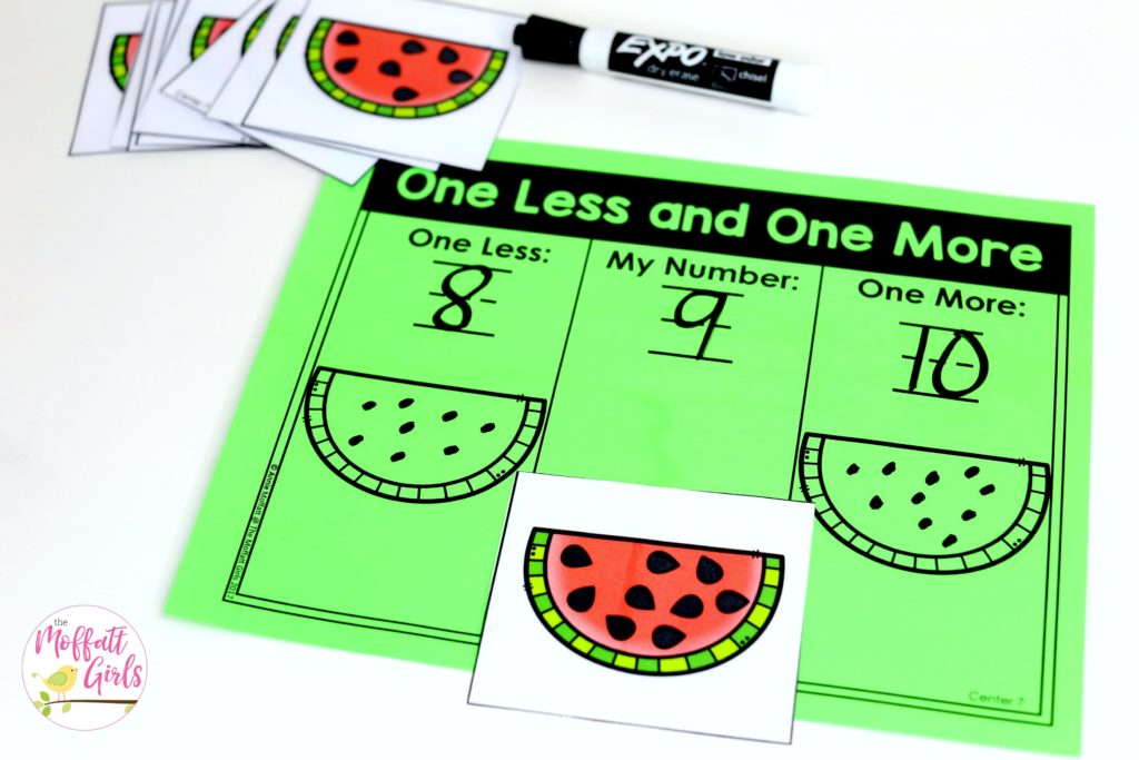 One Less and One More- Turn a watermelon card and decide which numbers come before and after the number that you draw. Such a fun math game for Kindergarten!