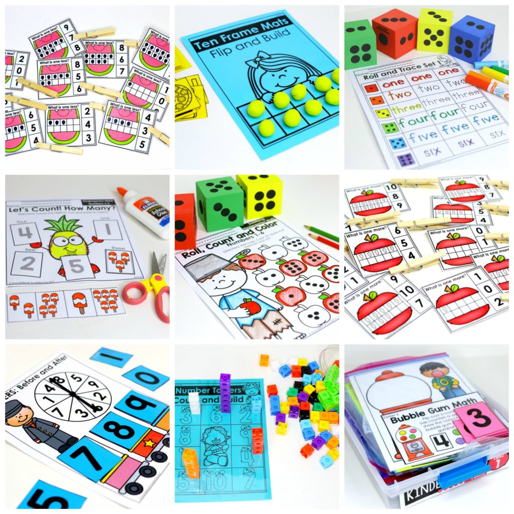 Kindergarten Math Curriculum- Fun, hands-on activities to teach basic math concepts for Kindergarten! Easy prep centers for practicing numbers 1-10.