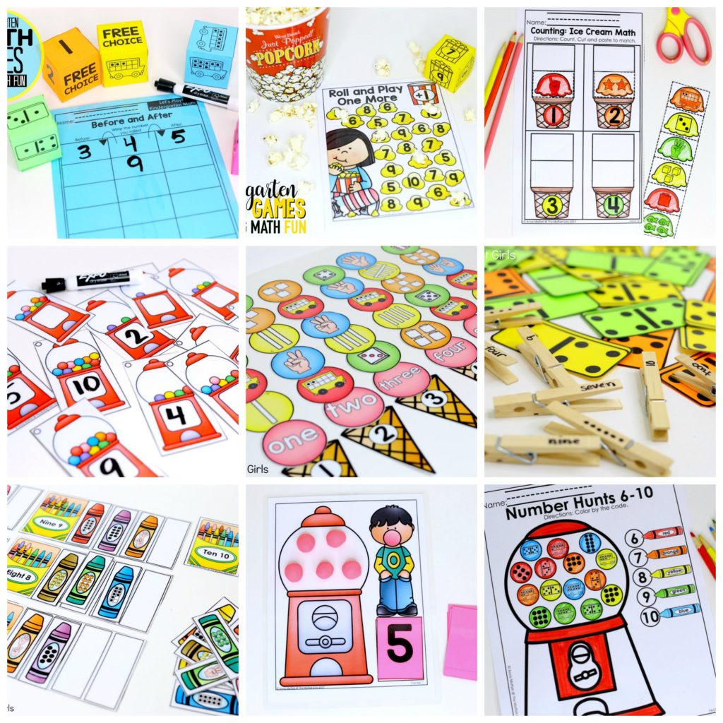 Kindergarten Math Curriculum- Fun, hands-on activities to teach basic math concepts for Kindergarten! Easy prep centers for practicing numbers 1-10.