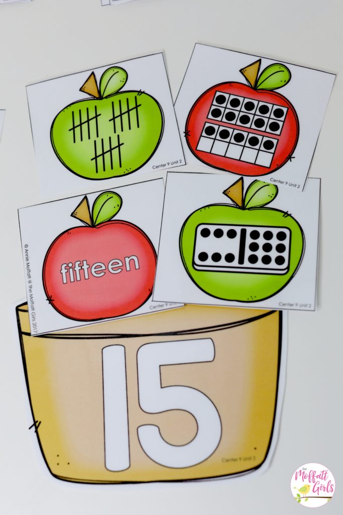 Apple Sorting- Count the tally marks, ten frames, number word and dominos and match the correct teen numbers. Fun math center for Kindergarten!