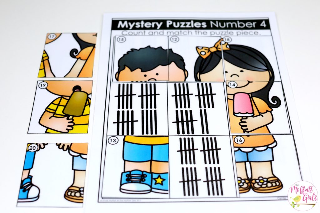 Mystery Puzzles- Count the tally marks, hands or objects and find the matching number to build a picture! Such a fun math center game for Kindergarten!