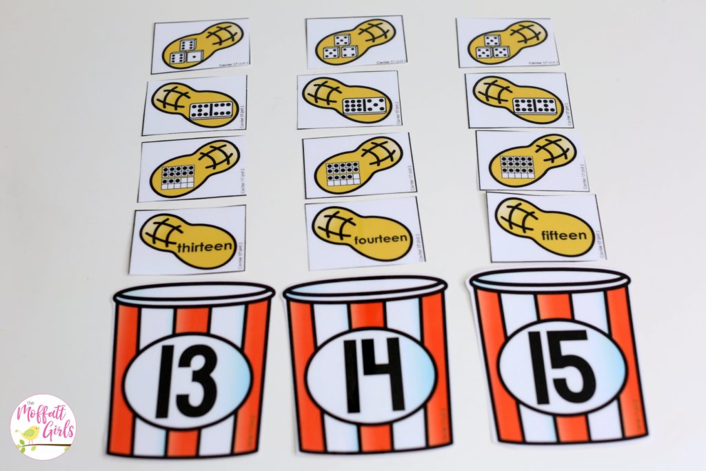 Count and Sort Peanuts- Fun math center for Kindergarten to teach teen numbers using dice, dominos, ten frames and number words!