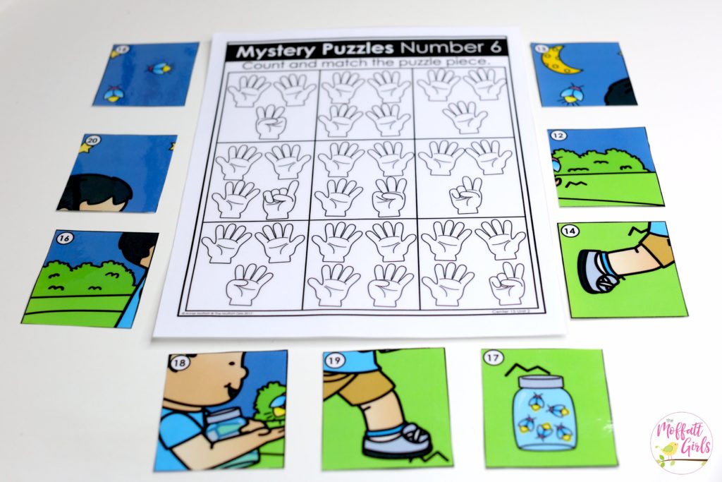 Mystery Puzzles- Count the tally marks, hands or objects and find the matching number to build a picture! Such a fun math center game for Kindergarten!