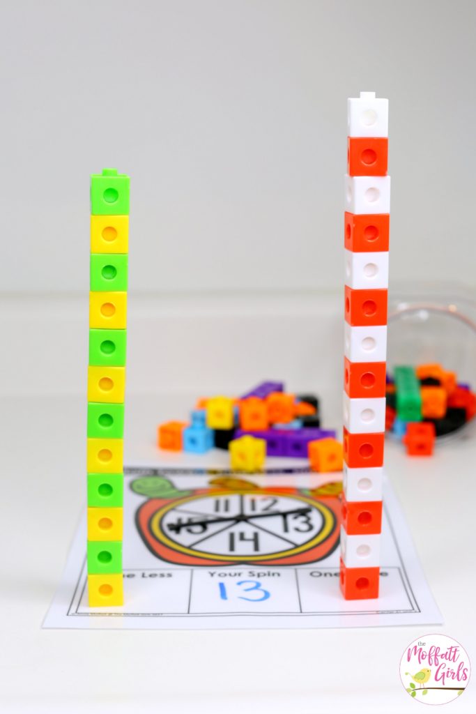 Math Towers: One Less, One More- Such a FUN math game for kindergarten to learn teen numbers!