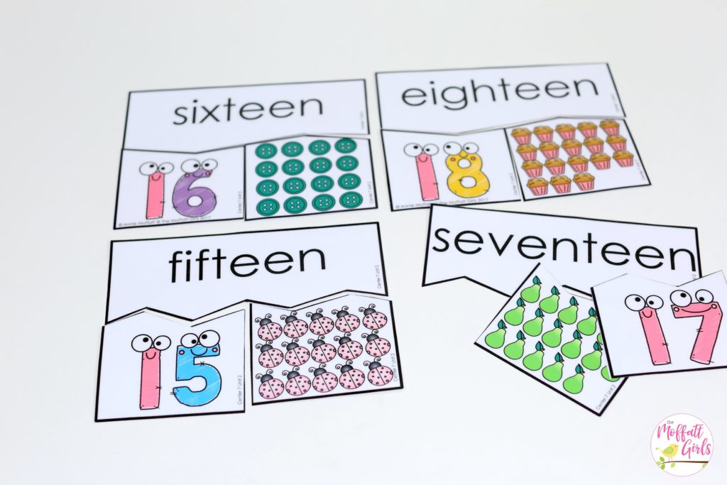 Number Puzzles- Count and match the teen numbers with the number words. Fun math center for Kindergarten!