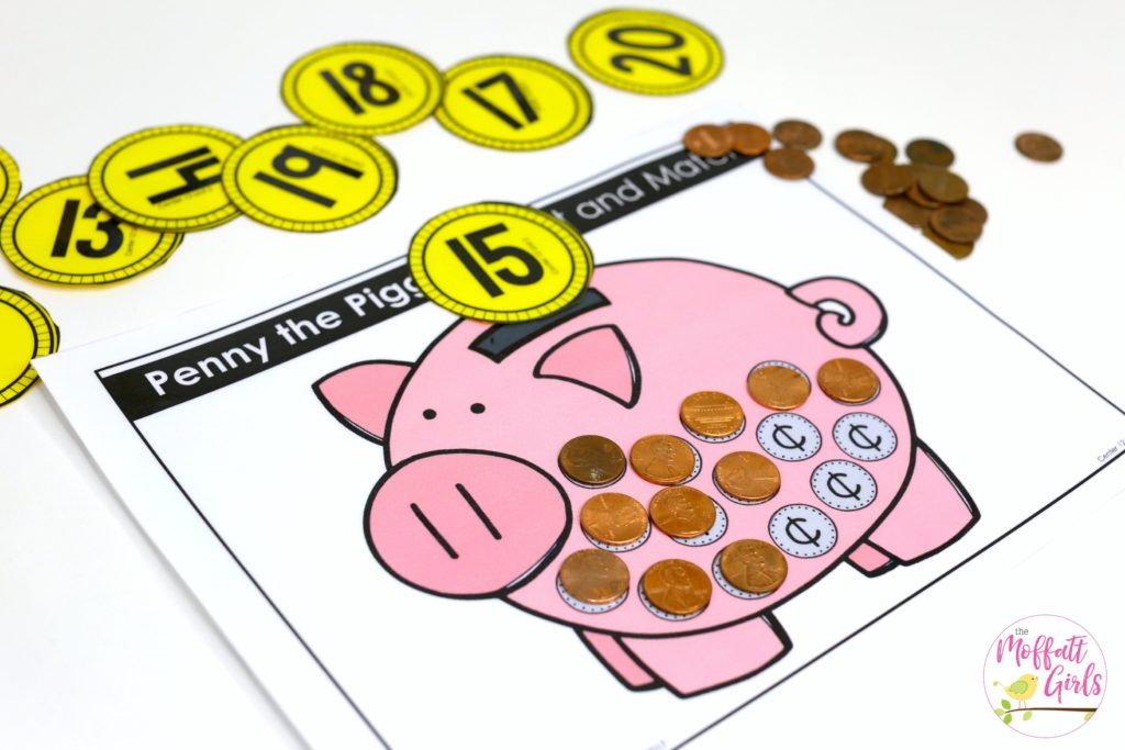 Penny the Piggy- Count the coins and find the matching teen number. Fun Kindergarten math activity!