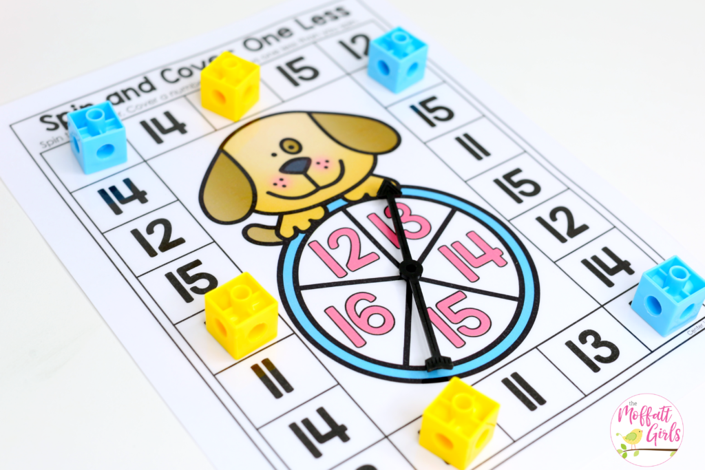 Spin and Cover One Less- with teen numbers. Fun math game for Kindergarten!