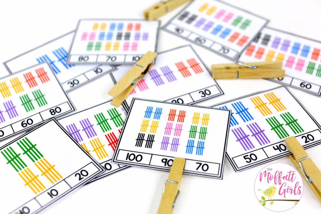 Count by 10's and Clip- Counting to 100 with fun hands-on math centers for Kindergarten! Teach skip counting by tens, number order, number recognition and more!