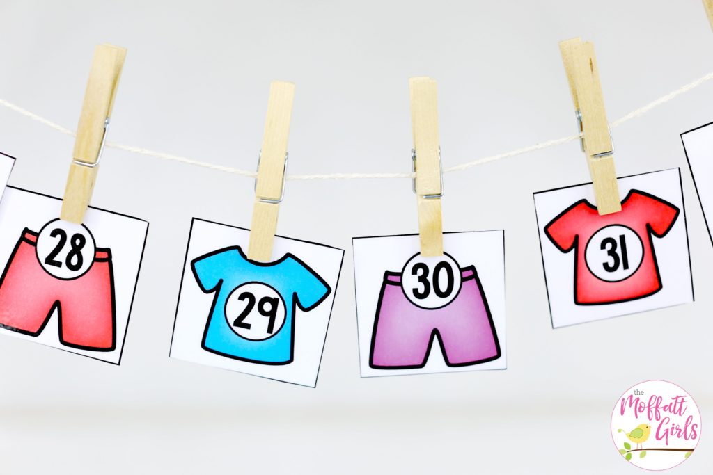 Clothes Line Numbers- Counting to 100 with fun hands-on math centers for Kindergarten! Teach skip counting by tens, number order, number recognition and more!