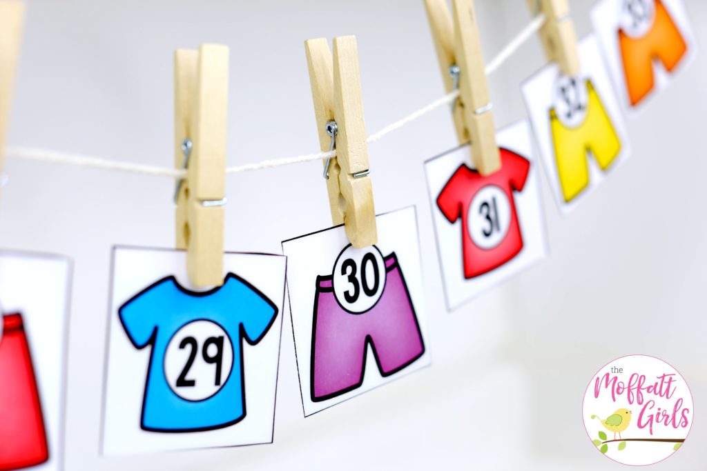 Clothes Line Numbers- Counting to 100 with fun hands-on math centers for Kindergarten! Teach skip counting by tens, number order, number recognition and more!