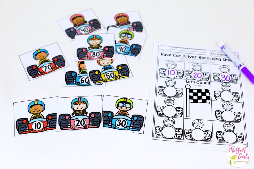 Race Car Numbers- Counting to 100 with fun hands-on math centers for Kindergarten! Teach skip counting by tens, number order, number recognition and more!
