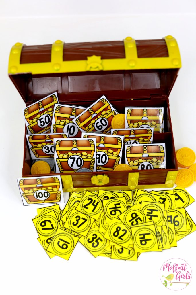 Treasure Chest Numbers- Counting to 100 with fun hands-on math centers for Kindergarten! Teach skip counting by tens, number order, number recognition and more!