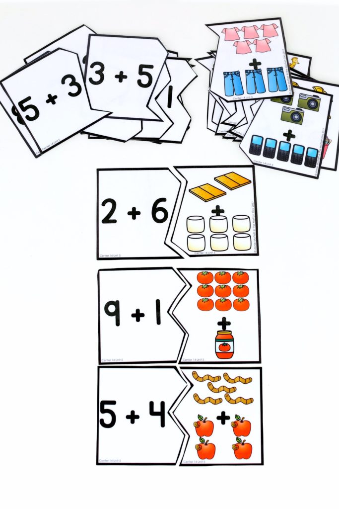 Addition Puzzles- fun math center! Plus, MORE hands-on addition math centers for Kindergarten! Teach basic addition in a variety of ways that help students build math skills.