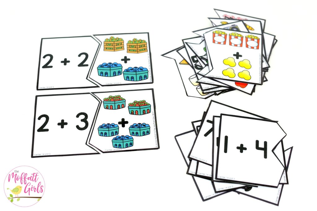 Addition Puzzles- fun math center! Plus, MORE hands-on addition math centers for Kindergarten! Teach basic addition in a variety of ways that help students build math skills.