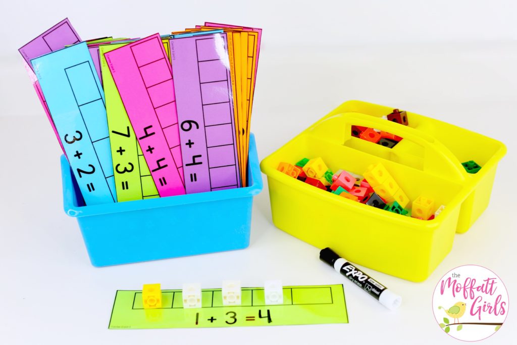 Count and Add, simple addition math center. Plus, MORE hands-on addition math centers for Kindergarten! Teach basic addition in a variety of ways that help students build math skills.