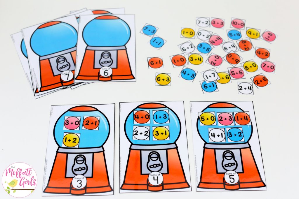 Bubble Gum Addition- such a fun math center! Plus, MORE hands-on addition math centers for Kindergarten! Teach basic addition in a variety of ways that help students build math skills.