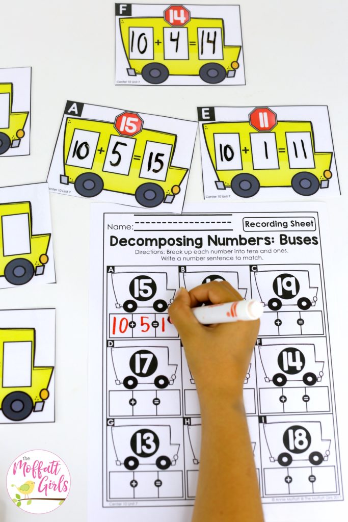 Place Value Buses- a fun place value math center to teach tens and ones! Teach base ten math with these hands-on math centers for Kindergarten!