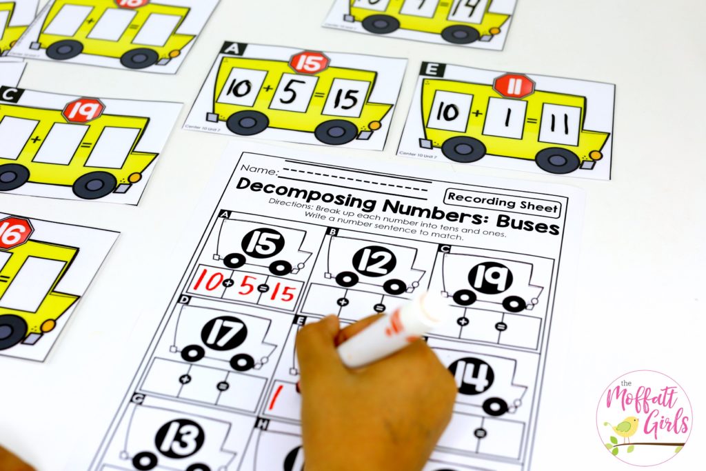 Place Value Buses- a fun place value math center to teach tens and ones! Teach base ten math with these hands-on math centers for Kindergarten!