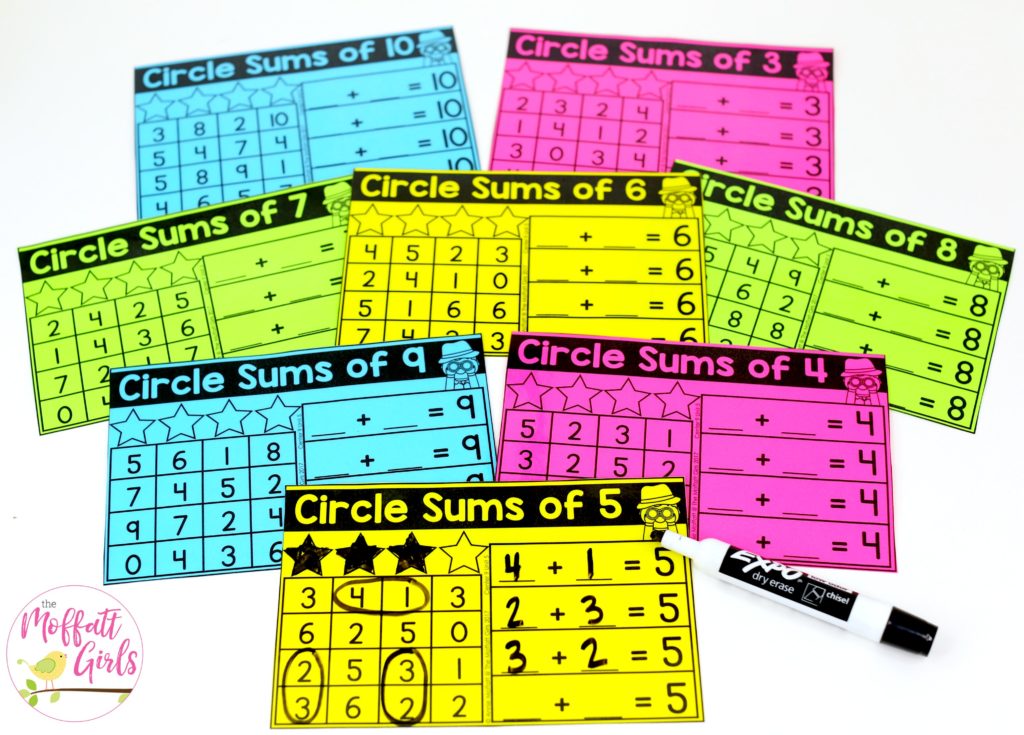 Circle the Sums- fun math center! Plus, MORE hands-on addition math centers for Kindergarten! Teach basic addition in a variety of ways that help students build math skills.