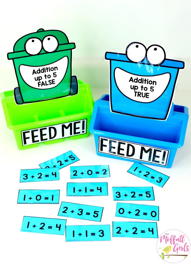 Feed Me: True or False Addition- such a fun math game! Plus, MORE hands-on addition math centers for Kindergarten! Teach basic addition in a variety of ways that help students build math skills.