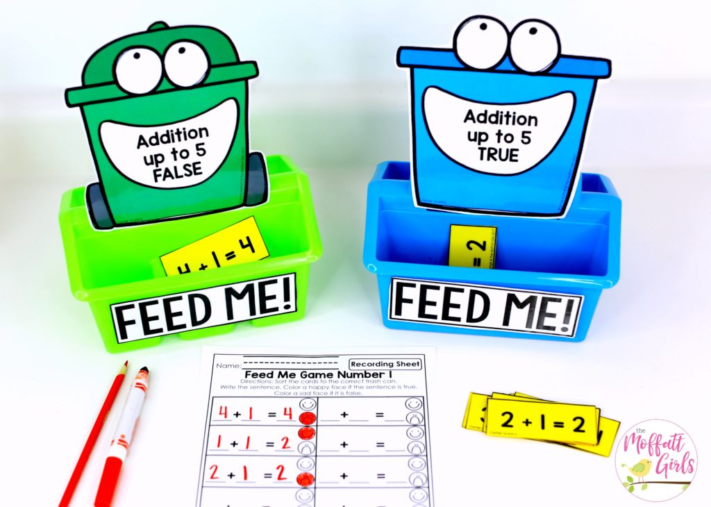 Feed Me: True or False Addition- such a fun math game! Plus, MORE hands-on addition math centers for Kindergarten! Teach basic addition in a variety of ways that help students build math skills.
