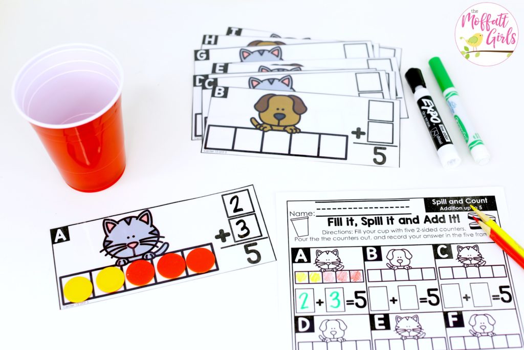 Fill it, Spill it, Add it- such a fun math game! Plus, MORE hands-on addition math centers for Kindergarten! Teach basic addition in a variety of ways that help students build math skills.