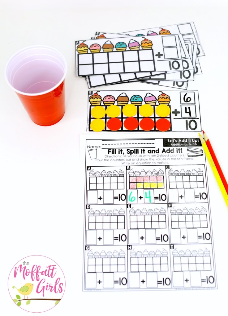 Fill it, Spill it, Add it- such a fun math game! Plus, MORE hands-on addition math centers for Kindergarten! Teach basic addition in a variety of ways that help students build math skills.