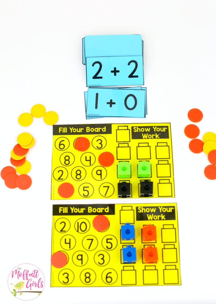 Add and Fill Your Board- such a fun math game! Plus, MORE hands-on addition math centers for Kindergarten! Teach basic addition in a variety of ways that help students build math skills.