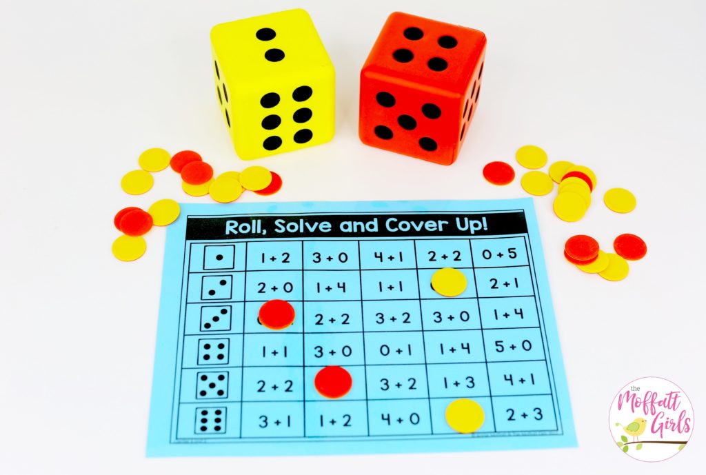 Roll, Add and Cover Up- such a fun math game! Plus, MORE hands-on addition math centers for Kindergarten! Teach basic addition in a variety of ways that help students build math skills.