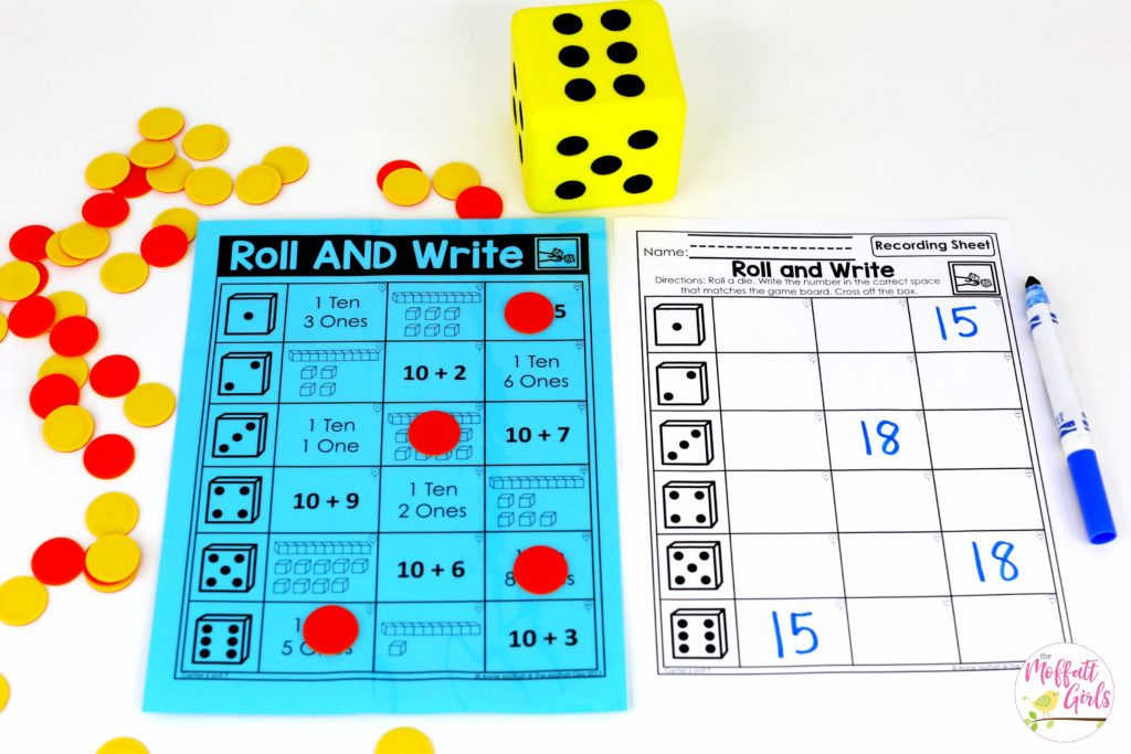 Roll and Write- a fun place value math center to teach tens and ones! Teach base ten math with these hands-on math centers for Kindergarten!