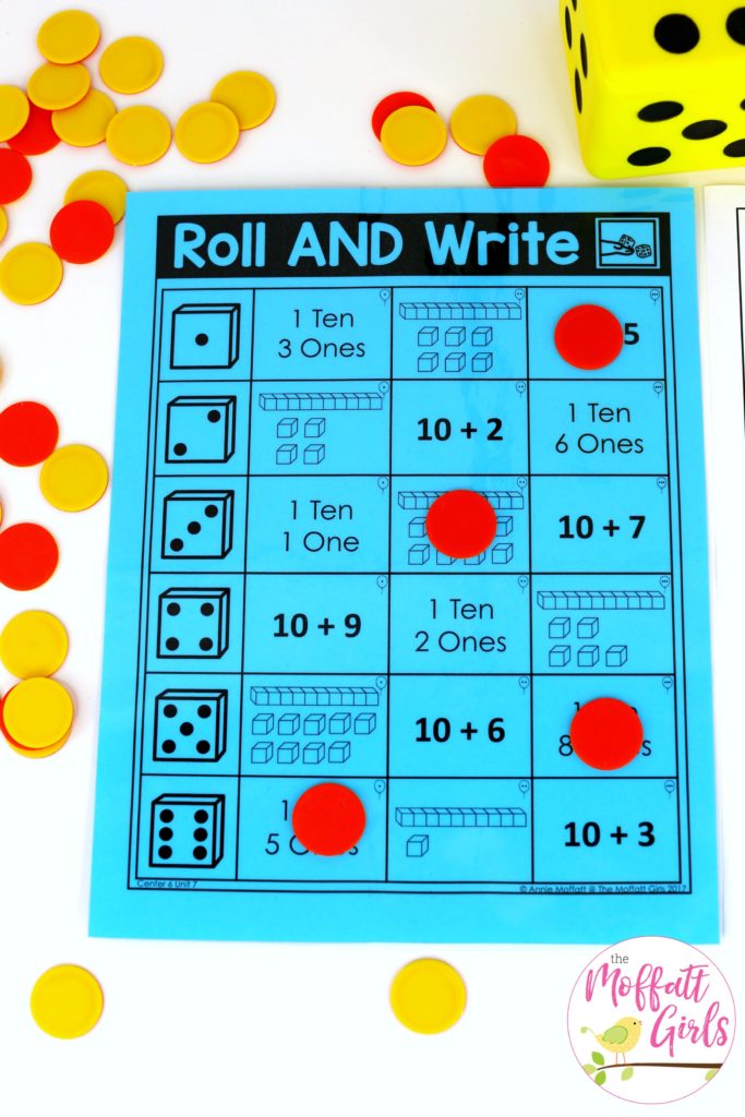 Roll and Write- such a fun place value math center to teach tens and ones! Teach base ten math with these hands-on math centers for Kindergarten!