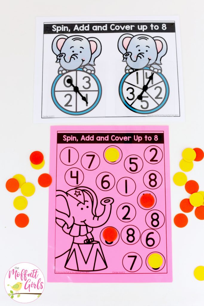 Spin, Add and Cover- such a fun math game! Plus, MORE hands-on addition math centers for Kindergarten! Teach basic addition in a variety of ways that help students build math skills.