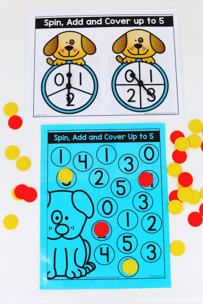 Spin, Add and Cover- such a fun math game! Plus, MORE hands-on addition math centers for Kindergarten! Teach basic addition in a variety of ways that help students build math skills.