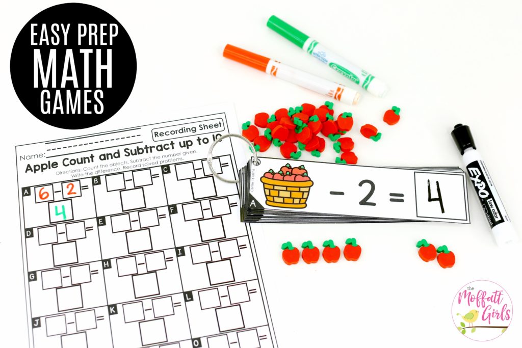Apple Subtraction- Math Made Fun for Kindergarten! Teach subtraction up to 10 in Kindergarten fun, hands-on ways! Fun math centers and printable games included!