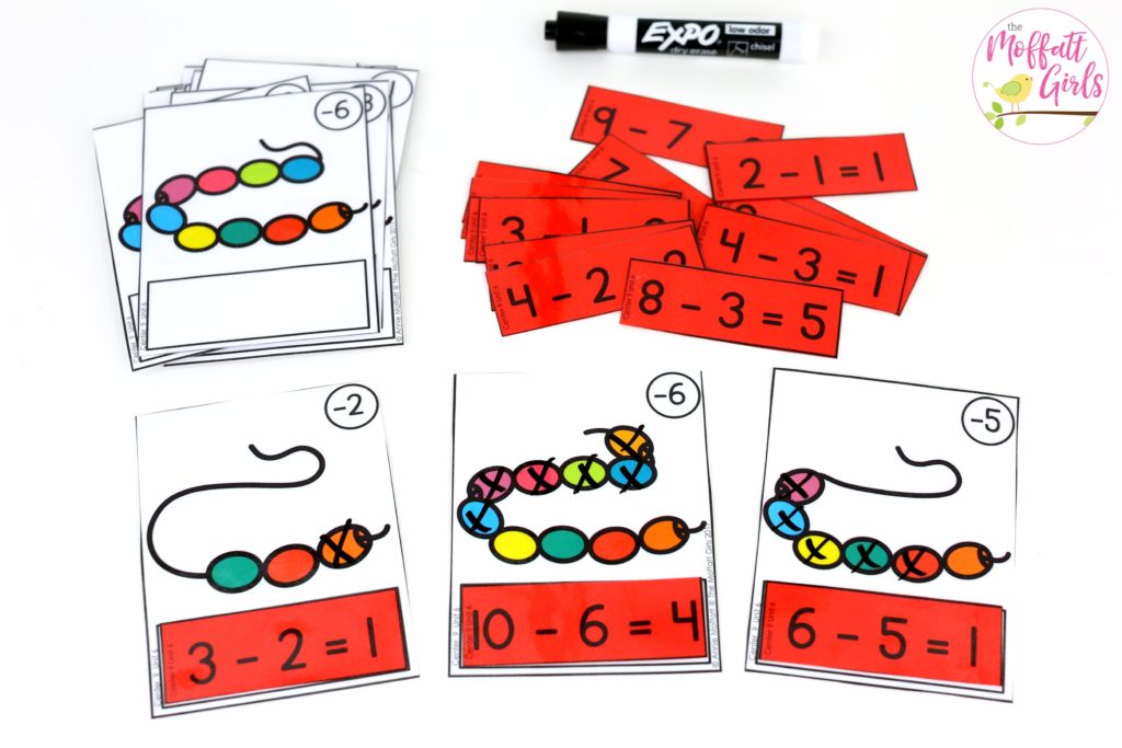 Bead Subtraction- Math Made Fun for Kindergarten! Teach subtraction up to 10 in Kindergarten fun, hands-on ways! Fun math centers and printable games included!
