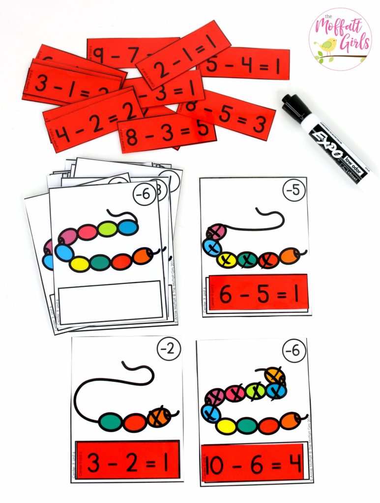 Bead Subtraction- Math Made Fun for Kindergarten! Teach subtraction up to 10 in Kindergarten fun, hands-on ways! Fun math centers and printable games included!