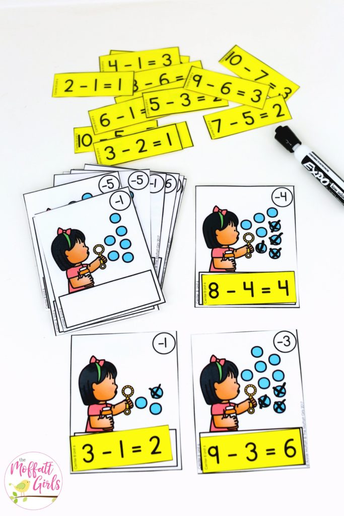 Bubble Subtraction- Math Made Fun for Kindergarten! Teach subtraction up to 10 in Kindergarten fun, hands-on ways! Fun math centers and printable games included!